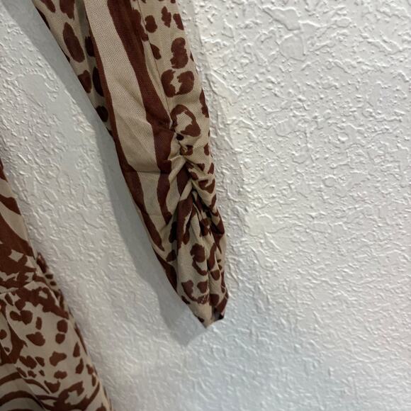 AFRM Babydoll Dress Animal Print Women's Medium Brown Long Sleeve Tiered - Picture 7 of 8